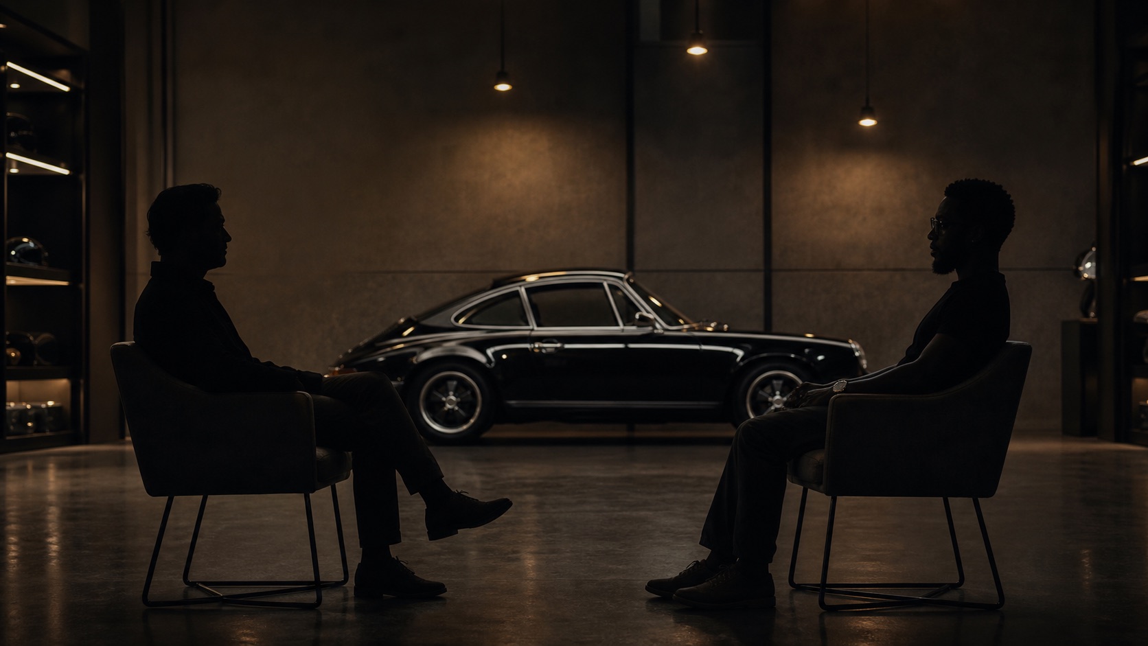 Larry and a guest in silhouette beside a classic car for Before the Collection